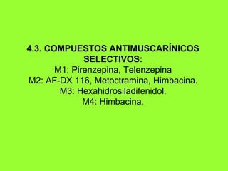 4.3. COMPUESTOS ANTIMUSCARÍNICOS SELECTIVOS: M1: Pirenzepina, Telenzepina M2: AF-DX 116, Metoctramina, Himbacina. M3: Hexahidrosiladifenidol. M4: Himbacina. 