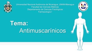 Universidad Nacional Autónoma de Nicaragua, UNAN-Managua
Facultad de Ciencias Médicas
Departamento de Ciencias Fisiológicas
Farmacología I
Tema:
Antimuscarínicos
 