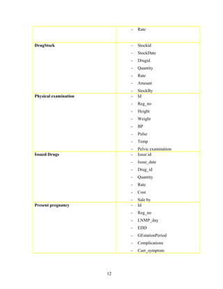 - Rate
DrugStock - Stockid
- StockDate
- Drugid
- Quantity
- Rate
- Amount
- StockBy
Physical examination - Id
- Reg_no
- Height
- Weight
- BP
- Pulse
- Temp
- Pelvic examination
Issued Drugs - Issue id
- Issue_date
- Drug_id
- Quantity
- Rate
- Cost
- Sale by
Present pregnancy - Id
- Reg_no
- LNMP_day
- EDD
- GEstationPeriod
- Complications
- Curr_symptom
12
 