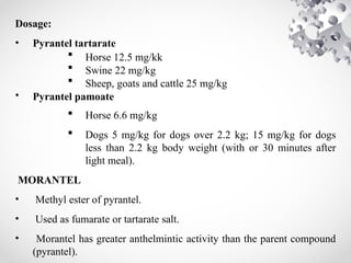 Dosage:
• Pyrantel tartarate
 Horse 12.5 mg/kk
 Swine 22 mg/kg
 Sheep, goats and cattle 25 mg/kg
• Pyrantel pamoate
 Horse 6.6 mg/kg
 Dogs 5 mg/kg for dogs over 2.2 kg; 15 mg/kg for dogs
less than 2.2 kg body weight (with or 30 minutes after
light meal).
MORANTEL
• Methyl ester of pyrantel.
• Used as fumarate or tartarate salt.
• Morantel has greater anthelmintic activity than the parent compound
(pyrantel).
 