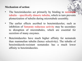 Mechanism of action:
• The benzimidazoles act primarily by binding to nematode
tubulin – specifically dimeric tubulin, which in turn prevents
plomerization of tubulin during microtubule assembly.
• The earlier effects ascribed to benzimidazoles; such as
inhibition of fumarate reductase activity may be secondary
to disruption of microtubules, which are essential for
secretion of many enzymes.
• Benzimidazoles have much higher affinity for nematode
than mammalian tubulin (hence selectivity). The tubulin of
benzimidazole-resistant nematodes has a much lower
affinity to benzimidazoles.
 