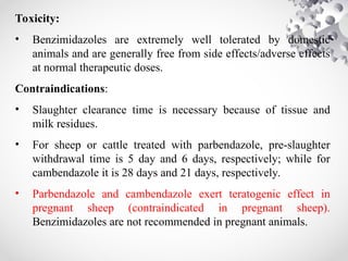 Toxicity:
• Benzimidazoles are extremely well tolerated by domestic
animals and are generally free from side effects/adverse effects
at normal therapeutic doses.
Contraindications:
• Slaughter clearance time is necessary because of tissue and
milk residues.
• For sheep or cattle treated with parbendazole, pre-slaughter
withdrawal time is 5 day and 6 days, respectively; while for
cambendazole it is 28 days and 21 days, respectively.
• Parbendazole and cambendazole exert teratogenic effect in
pregnant sheep (contraindicated in pregnant sheep).
Benzimidazoles are not recommended in pregnant animals.
 