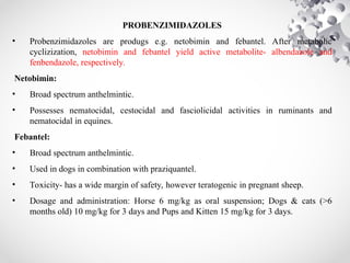 PROBENZIMIDAZOLES
• Probenzimidazoles are produgs e.g. netobimin and febantel. After metabolic
cyclizization, netobimin and febantel yield active metabolite- albendazole and
fenbendazole, respectively.
Netobimin:
• Broad spectrum anthelmintic.
• Possesses nematocidal, cestocidal and fasciolicidal activities in ruminants and
nematocidal in equines.
Febantel:
• Broad spectrum anthelmintic.
• Used in dogs in combination with praziquantel.
• Toxicity- has a wide margin of safety, however teratogenic in pregnant sheep.
• Dosage and administration: Horse 6 mg/kg as oral suspension; Dogs & cats (>6
months old) 10 mg/kg for 3 days and Pups and Kitten 15 mg/kg for 3 days.
 