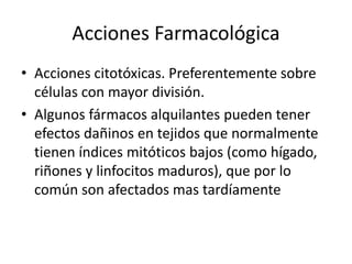 Acciones Farmacológica
• Acciones citotóxicas. Preferentemente sobre
células con mayor división.
• Algunos fármacos alquilantes pueden tener
efectos dañinos en tejidos que normalmente
tienen índices mitóticos bajos (como hígado,
riñones y linfocitos maduros), que por lo
común son afectados mas tardíamente
 