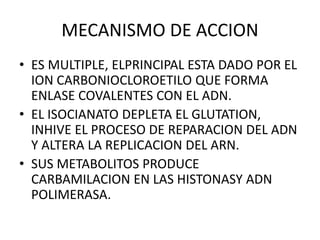 MECANISMO DE ACCION
• ES MULTIPLE, ELPRINCIPAL ESTA DADO POR EL
ION CARBONIOCLOROETILO QUE FORMA
ENLASE COVALENTES CON EL ADN.
• EL ISOCIANATO DEPLETA EL GLUTATION,
INHIVE EL PROCESO DE REPARACION DEL ADN
Y ALTERA LA REPLICACION DEL ARN.
• SUS METABOLITOS PRODUCE
CARBAMILACION EN LAS HISTONASY ADN
POLIMERASA.
 