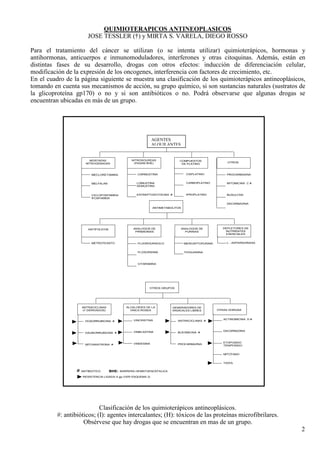 QUIMIOTERAPICOS ANTINEOPLASICOS
                         JOSE TESSLER (†) y MIRTA S. VARELA, DIEGO ROSSO

Para el tratamiento del cáncer se utilizan (o se intenta utilizar) quimioterápicos, hormonas y
antihormonas, anticuerpos e inmunomoduladores, interferones y otras citoquinas. Además, están en
distintas fases de su desarrollo, drogas con otros efectos: inducción de diferenciación celular,
modificación de la expresión de los oncogenes, interferencia con factores de crecimiento, etc.
En el cuadro de la página siguiente se muestra una clasificación de los quimioterápicos antineoplásicos,
tomando en cuenta sus mecanismos de acción, su grupo químico, si son sustancias naturales (sustratos de
la glicoproteína gp170) o no y si son antibióticos o no. Podrá observarse que algunas drogas se
encuentran ubicadas en más de un grupo.




                                                                 AGENTES
                                                                 ALQUILANTES


                          MOSTAZAS                 NITROSOUREAS                COMPUESTOS
                        NITROGENADAS                (PASAN BHE)                                          OTROS
                                                                                DE PLATINO



                           MECLORETAMINA               CARMUSTINA                   CISPLATINO          PROCARBAZINA


                           MELFALAN                   LOMUSTINA                     CARBOPLATINO        MITOMICINA C #
                                                      SEMUSTINA


                           CICLOFOSFAMIDA             ESTREPTOZOTOCINA #            IPROPLATINO         BUSULFAN
                           IFOSFAMIDA

                                                                                                        DACARBAZINA
                                                                 ANTIMETABOLITOS




                         ANTIFOLICOS                ANALOGOS DE                ANALOGOS DE            DEPLETORES DE
                                                     PIRIMIDINAS                 PURINAS               NUTRIENTES
                                                                                                       ESENCIALES


                           METROTEXATO                 FLUOROURACILO               MERCAPTOPURINA       L - ASPARAGINASA


                                                       FLOXURIDINA                 TIOGUANINA



                                                       CITARABINA




                                                              OTROS GRUPOS




                      ANTRACICLINAS              ALCALOIDES DE LA          GENERADORES DE
                      (Y DERIVADOS)                VINCA ROSEA             RADICALES LIBRES         OTRAS DORGAS



                                                     VINCRISTINA                                       ACTINOMICINA D #
                        DOXORRUBICINA #                                       ANTRACICLINAS #



                                                     VINBLASTINA                                       DACARBAZINA
                        DAUNORRUBICINA #                                      BLEOMICINA #



                                                     VINDESINA                                         ETOPOSIDO
                        MITOXANTRONA #                                        PROCARBAZINA
                                                                                                       TENIPOSIDO


                                                                                                       MITOTANO


                                                                                                       TAXOL


                  #   ANTIBIOTICO      BHE:   BARRERA HEMATOENCEFALICA

                      RESISTENCIA LIGADA A gp (VER ESQUEMA 3)




                            Clasificación de los quimioterápicos antineoplásicos.
          #: antibióticos; (I): agentes intercalantes; (H): tóxicos de las proteínas microfibrilares.
                     Obsérvese que hay drogas que se encuentran en mas de un grupo.
                                                                                                                           2
 