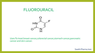 FLUOROURACIL
Uses:To treat breast cancer,colorectal cancer,stomach cancer,pancreatic
cancer and skin cancer.
Swathi Pharma Jnan
 