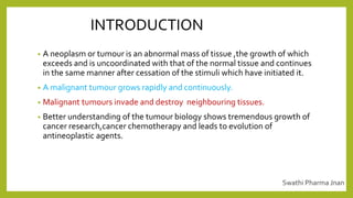 INTRODUCTION
• A neoplasm or tumour is an abnormal mass of tissue ,the growth of which
exceeds and is uncoordinated with that of the normal tissue and continues
in the same manner after cessation of the stimuli which have initiated it.
• A malignant tumour grows rapidly and continuously.
• Malignant tumours invade and destroy neighbouring tissues.
• Better understanding of the tumour biology shows tremendous growth of
cancer research,cancer chemotherapy and leads to evolution of
antineoplastic agents.
Swathi Pharma Jnan
 