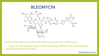 BLEOMYCIN
Uses:To treat squamous cell cancer,testicular cancer and ovarian cancer.
Used to treat malignant pleural effusion(storage of fluid in the space between
lungs lining and the chest wall)
Swathi Pharma Jnan
 