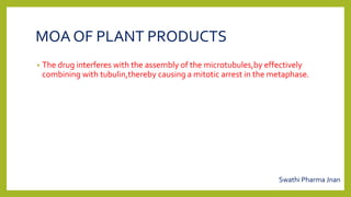 MOA OF PLANT PRODUCTS
• The drug interferes with the assembly of the microtubules,by effectively
combining with tubulin,thereby causing a mitotic arrest in the metaphase.
Swathi Pharma Jnan
 
