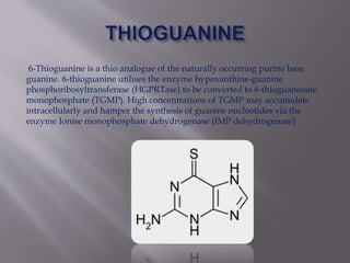 6-Thioguanine is a thio analogue of the naturally occurring purine base
guanine. 6-thioguanine utilises the enzyme hypoxanthine-guanine
phosphoribosyltransferase (HGPRTase) to be converted to 6-thioguanosine
monophosphate (TGMP). High concentrations of TGMP may accumulate
intracellularly and hamper the synthesis of guanine nucleotides via the
enzyme Ionise monophosphate dehydrogenase (IMP dehydrogenase)
 