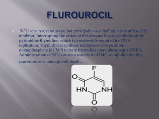  5-FU acts in several ways, but principally as a thymidylate synthase (TS)
inhibitor. Interrupting the action of this enzyme blocks synthesis of the
pyrimidine thymidine, which is a nucleoside required for DNA
replication. Thymidylate synthase methylates deoxyuridine
monophosphate (dUMP) to form thymidine monophosphate (dTMP).
Administration of 5-FU causes a scarcity in dTMP, so rapidly dividing
cancerous cells undergo cell death .
 