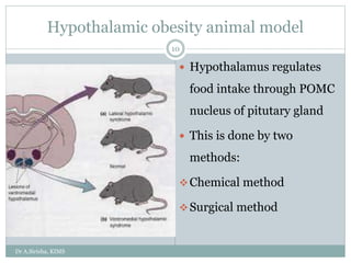 Hypothalamic obesity animal model
 Hypothalamus regulates
food intake through POMC
nucleus of pitutary gland
 This is done by two
methods:
Chemical method
Surgical method
Dr A.Sirisha, KIMS
10
 