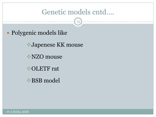 Genetic models cntd….
 Polygenic models like
Japenese KK mouse
NZO mouse
OLETF rat
BSB model
Dr A.Sirisha, KIMS
15
 