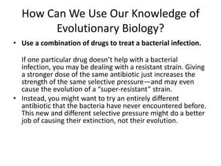 How Can We Use Our Knowledge of Evolutionary Biology?Use a combination of drugs to treat a bacterial infection.If one particular drug doesn’t help with a bacterial infection, you may be dealing with a resistant strain. Giving a stronger dose of the same antibiotic just increases the strength of the same selective pressure—and may even cause the evolution of a “super-resistant” strain. Instead, you might want to try an entirely different antibiotic that the bacteria have never encountered before. This new and different selective pressure might do a better job of causing their extinction, not their evolution.