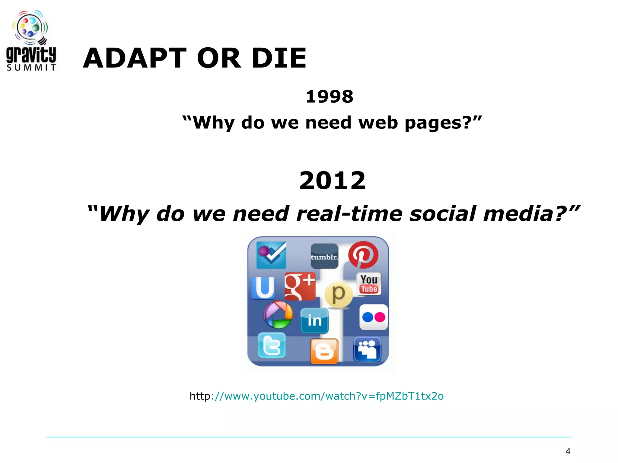 ADAPT OR DIE
                           1998
       “Why do we need web pages?”


                         2012
“Why do we need real-time social media?”




        http://www.youtube.com/watch?v=fpMZbT1tx2o




                                                     4
 
