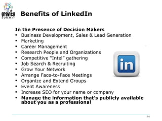Benefits of LinkedIn

In the Presence of Decision Makers
 Business Development, Sales & Lead Generation
 Marketing
 Career Management
 Research People and Organizations
 Competitive “Intel” gathering
 Job Search & Recruiting
 Grow Your Network
 Arrange Face-to-Face Meetings
 Organize and Extend Groups
 Event Awareness
 Increase SEO for your name or company
 Manage the information that’s publicly available
  about you as a professional


                                                     14
 