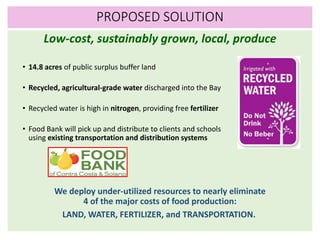 PROPOSED SOLUTION
Low-cost, sustainably grown, local, produce
• 14.8 acres of public surplus buffer land
• Recycled, agricultural-grade water discharged into the Bay
• Recycled water is high in nitrogen, providing free fertilizer
• Food Bank will pick up and distribute to clients and schools
using existing transportation and distribution systems
We deploy under-utilized resources to nearly eliminate
4 of the major costs of food production:
LAND, WATER, FERTILIZER, and TRANSPORTATION.
 