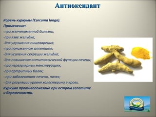 АнтиоксидантАнтиоксидант
Корень куркумы (Curcuma longa).
Применение:
-при желчекаменной болезни;
-при язве желудка;
-для улучшения пищеварения;
-при пониженном аппетите;
-для усиления секреции желудка;
-для повышения антитоксической функции печени;
-при нерегулярных менструациях;
-при артритных болях;
- при заболеваниях печени, почек;
- для регуляции уровня холестерина в крови.
Куркума противопоказана при остром гепатите
и беременности.
 