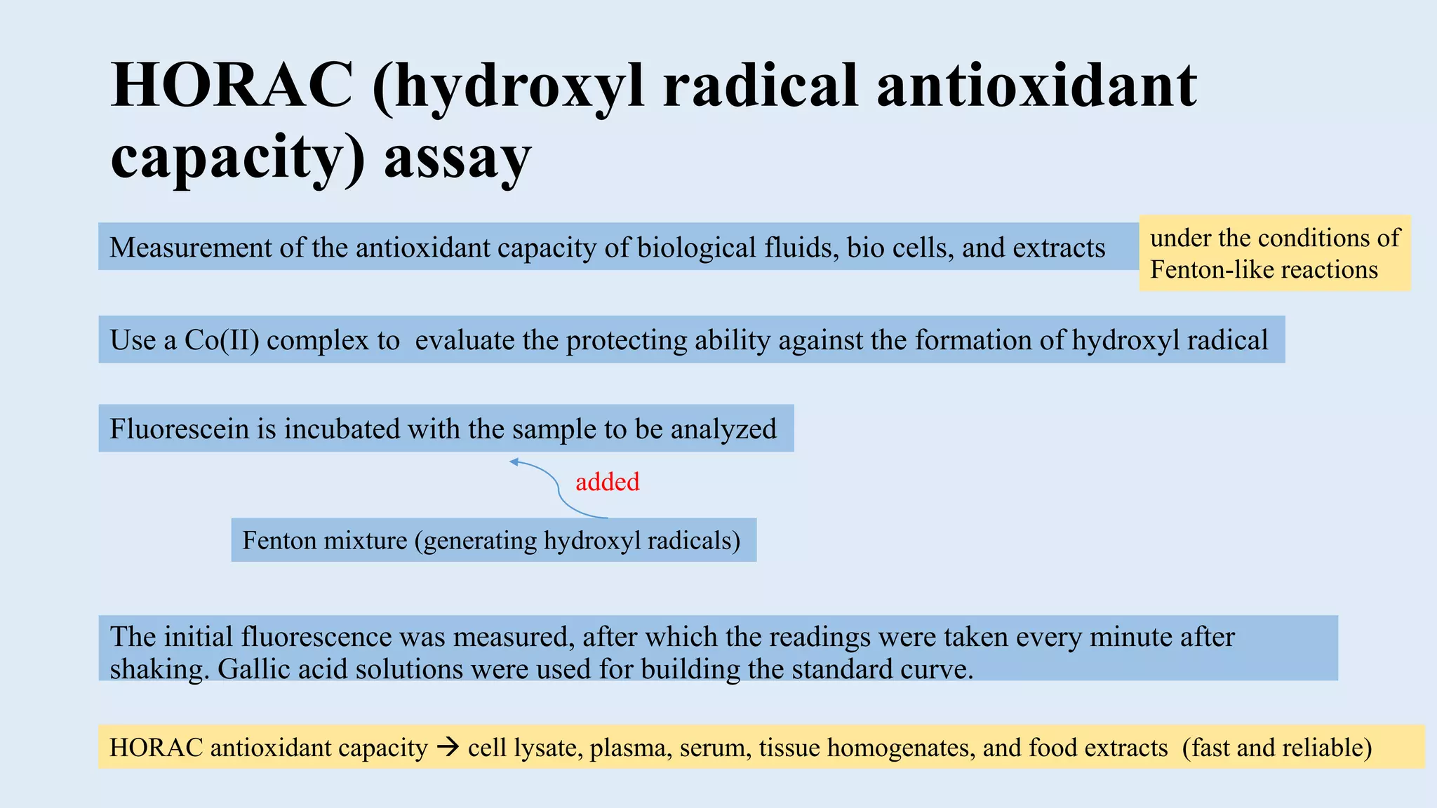 HORAC (hydroxyl radical antioxidant
capacity) assay
The initial fluorescence was measured, after which the readings were taken every minute after
shaking. Gallic acid solutions were used for building the standard curve.
Measurement of the antioxidant capacity of biological fluids, bio cells, and extracts under the conditions of
Fenton-like reactions
Use a Co(II) complex to evaluate the protecting ability against the formation of hydroxyl radical
Fluorescein is incubated with the sample to be analyzed
added
Fenton mixture (generating hydroxyl radicals)
HORAC antioxidant capacity  cell lysate, plasma, serum, tissue homogenates, and food extracts (fast and reliable)
 