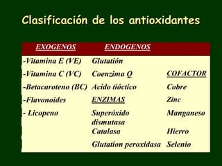 Clasificación de los antioxidantes

   EXOGENOS            ENDOGENOS
-Vitamina E (VE)   Glutatión
-Vitamina C (VC)   Coenzima Q           COFACTOR
-Betacaroteno (BC) Acido tióctico       Cobre
-Flavonoides       ENZIMAS              Zinc
- Licopeno         Superóxido           Manganeso
                   dismutasa
                   Catalasa             Hierro
                   Glutation peroxidasa Selenio
 