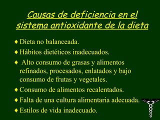 Causas de deficiencia en el
sistema antioxidante de la dieta
♦ Dieta no balanceada.
♦ Hábitos dietéticos inadecuados.
♦ Alto consumo de grasas y alimentos
  refinados, procesados, enlatados y bajo
  consumo de frutas y vegetales.
♦ Consumo de alimentos recalentados.
♦ Falta de una cultura alimentaria adecuada.
♦ Estilos de vida inadecuado.
 