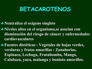 BETACAROTENOS

♣ Neutraliza el oxígeno singlete
♣ Niveles altos en el organismo,se asocian con
  disminución del riesgo de cáncer y enfermedades
  cardiovasculares
♣ Fuentes dietéticas : Vegetales de hojas verdes,
  verduras y frutas amarillas : Zanahorias,
  Espinaca, Lechuga, Frutabomba, Mango,
  Calabaza, yuca, malanga y boniato amarillos.
 