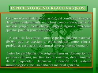 Por causas ambientales (radiación), así como por la ingesta de algún contaminante o incluso como consecuencia de nuestro propio metabolismo, surgen algunas moléculas que nos pueden provocar daño.  A estas se les conoce como especies oxigeno reactivas (ROS), que se asocian a enfermedades como cáncer, problemas cardiacos o al natural envejecimiento humano.  Entre los problemas que originan figuran: destrucción de paredes celulares, inactivación de enzimas, debilitamiento de la capacidad defensiva, alteración del sistema inmunológico e incluso daño del material genético . ESPECIES OXIGENO  REACTIVAS (ROS) 