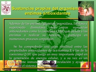 Sustancias propias del organismo,  enzimas antioxidantes Además de las enzimas glutatión peroxidasa, catalasa y superóxido dismutasa, hay otras sustancias antioxidantes como la coenzima Q-10, que ayuda a las enzimas a realizar su función, y participa en numerosos procesos corporales.  Se ha comprobado una gran similitud entre las propiedades antioxidantes de la vitamina E y las de la coenzima Q-10, que juega un muy importante papel en la generación de energía celular, y a su vez es un estimulante inmune, mejora la circulación y ayuda a proteger el sistema cardiovascular. 