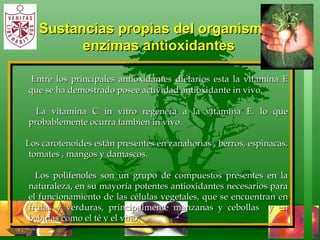 Sustancias propias del organismo,  enzimas antioxidantes Entre los principales antioxidantes dietarios esta la vitamina E que se ha demostrado posee actividad antioxidante in vivo.  La vitamina C in vitro regenera a la vitamina E, lo que probablemente ocurra tambien in vivo. Los carotenoides estàn presentes en zanahorias , berros, espinacas, tomates , mangos y damascos. Los polifenoles son un grupo de compuestos presentes en la naturaleza, en su mayoría potentes antioxidantes necesarios para el funcionamiento de las células vegetales, que se encuentran en frutas y verduras, principalmente manzanas y cebollas  y en bebidas como el té y el vino.  