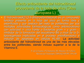 Efecto antioxidante del hidroxitirosol procedente de la hoja de olivo (Olea europaea L) El hidroxitirosol(2-(3,4-dihidroxifenil)etanol) es un compuesto fenólico presente en la hoja del olivo en forma libre y esterificada y que destaca del resto de polifenoles por sus múltiples actividades farmacológicas como antimicrobiano con actividad in vitro frente a bacterias gram + y gram -, inhibidor de la formación del leucotrieno B4 a nivel de la 5-lipooxigenasa implicadas en el proceso antiinflamatorio e inductor de apoptosis en células HL-60.  La actividad antioxidante del hidroxitirosol es una de las más elevadas entre los polifenoles, siendo incluso superior a la de la Vitamina E. P. de la Fuente, P Chamorro, M. Moreno. M.A Poza. Revista de Fitoterapia 2004;4(2):PI-PF 139,140 