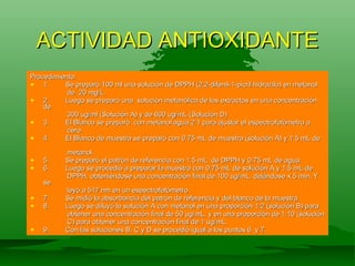 ACTIVIDAD ANTIOXIDANTE Procedimiento:  1. Se preparó 100 ml una solución de DPPH (2,2-difenil-1-picril hidrazilo) en metanol  de  20 mg/L.  2. Luego se preparó una  solución metanólica de los extractos en una concentración de  300 ug/ml (Solución A) y de 600 ug/mL (Solución D) 3. El Blanco se preparó  con metanol agua 2:1 para ajustar el espectrofotómetro a  cero. 4. El Blanco de muestra se preparó con 0.75 mL de muestra (solución A) y 1.5 mL de  metanol. 5. Se preparó el patrón de referencia con 1.5 mL  de DPPH y 0.75 mL de agua. 6. Luego se procedió a preparar la muestra con 0.75 mL de solución A y 1.5 mL de  DPPH, obteniéndose una concentración final de 100 ug/mL, dejándose x 5 min. Y se  leyó a 517 nm en un espectrofotómetro. 7. Se midió la absorbancia del patrón de referencia y del blanco de la muestra. 8. Luego se diluyó la solución A con metanol en una proporción 1:2 (solución B) para  obtener una concentración final de 50 ug/mL, y en una proporción de 1:10 (solución  C) para obtener una concentración final de 1 ug/mL. 9. Con las soluciones B, C y D se procedió igual a los puntos 6  y 7. 