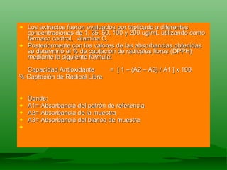 Los extractos fueron evaluados por triplicado a diferentes concentraciones de 1, 25, 50, 100 y 200 ug/mL utilizando como fármaco control,  vitamina C. Posteriormente con los valores de las absorbancias obtenidas se determinó el % de captación de radicales libres (DPPH) mediante la siguiente formula: Capacidad Antioxidante  =  [ 1 – (A2 – A3) / A1 ] x 100 % Captación de Radical Libre Donde: A1= Absorbancia del patrón de referencia A2= Absorbancia de la muestra A3= Absorbancia del blanco de muestra 