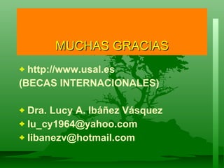 MUCHAS GRACIAS http://www.usal.es  (BECAS INTERNACIONALES) Dra. Lucy A. Ibáñez Vásquez  [email_address] [email_address] 199  3.0 