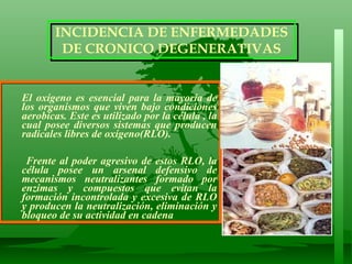 El oxígeno es esencial para la mayoría de los organismos que viven bajo condiciones aerobicas. Este es utilizado por la célula , la cual posee diversos sistemas que producen radicales libres de oxígeno(RLO). Frente al poder agresivo de estos RLO, la célula posee un arsenal defensivo de mecanismos neutralizantes formado por enzimas y compuestos que evitan la formación incontrolada y excesiva de RLO y producen la neutralización, eliminación y bloqueo de su actividad en cadena INCIDENCIA DE ENFERMEDADES  DE CRONICO DEGENERATIVAS 