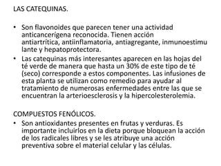 LAS CATEQUINAS.
• Son flavonoides que parecen tener una actividad
anticancerígena reconocida. Tienen acción
antiartrítica, antiinflamatoria, antiagregante, inmunoestimu
lante y hepatoprotectora.
• Las catequinas más interesantes aparecen en las hojas del
té verde de manera que hasta un 30% de este tipo de té
(seco) corresponde a estos componentes. Las infusiones de
esta planta se utilizan como remedio para ayudar al
tratamiento de numerosas enfermedades entre las que se
encuentran la arterioesclerosis y la hipercolesterolemia.
COMPUESTOS FENÓLICOS.
• Son antioxidantes presentes en frutas y verduras. Es
importante incluirlos en la dieta porque bloquean la acción
de los radicales libres y se les atribuye una acción
preventiva sobre el material celular y las células.
 