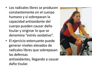 • Los radicales libres se producen
constantemente en el cuerpo
humano y si sobrepasan la
capacidad antioxidante del
cuerpo pueden causar daño
tisular y originar lo que se
denomina “estrés oxidativo”.
• El ejercicio extenuante puede
generar niveles elevados de
radicales libres que sobrepasan
las defensas
antioxidantes, llegando a causar
daño tisular.
 