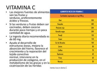 • Las mejores fuentes de alimentos
son las frutas y
verduras, preferentemente
ácidos y frescos.
• Si las verduras y frutas deben ser
cocinadas, deben cocerse
durante poco tiempo y en poca
cantidad de agua.
• La ingesta diaria recomendada es
de 60 mg.
• Ayuda al desarrollo de
estructuras óseas, mejora la
absorción del hierro, favorece el
crecimiento y la reparación del
tejido conectivo
normal, interviene en la
producción de colágeno, en el
metabolismo de las grasas y en la
cicatrización de las heridas
VITAMINA C
 