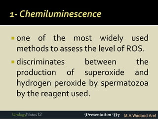  oneof the most widely used
 methods to assess the level of ROS.
 discriminates    between    the
 production of superoxide and
 hydrogen peroxide by spermatozoa
 by the reagent used.

                             M.A.Wadood Aref
 