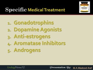 1.   Gonadotrophins
2.   Dopamine Agonists
3.   Anti-estrogens
4.   Aromatase Inhibitors
5.   Androgens

                            M.A.Wadood Aref
 
