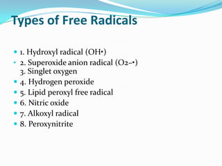 Types of Free Radicals1. Hydroxyl radical (OH•)2. Superoxide anion radical (O2–•)3. Singlet oxygen4. Hydrogen peroxide5. Lipid peroxyl free radical6. Nitric oxide7. Alkoxyl radical8. Peroxynitrite