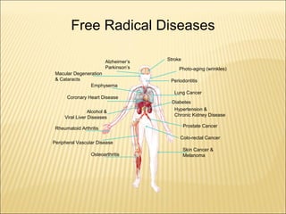 Free Radical Diseases

                         Alzheimer’s   Stroke
                         Parkinson’s        Photo-aging (wrinkles)
 Macular Degeneration
 & Cataracts                            Periodontitis
                Emphysema
                                          Lung Cancer
      Coronary Heart Disease
                                         Diabetes
                                          Hypertension &
                 Alcohol &
                                          Chronic Kidney Disease
     Viral Liver Diseases
                                                Prostate Cancer
 Rheumatoid Arthritis

                                            Colo-rectal Cancer
Peripheral Vascular Disease
                                                Skin Cancer &
                  Osteoarthritis                Melanoma
 