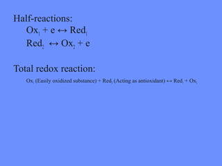 Half-reactions:
Ox1 + e ↔ Red1
Red2 ↔ Ox2 + e
Total redox reaction:
Ox1 (Easily oxidized substance) + Red2 (Acting as antioxidant) ↔ Red1 + Ox2
 