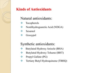 Kinds of Antioxidants

  Natural antioxidants:
     Tocopherols
     Nordihydroguaretic Acid (NDGA)
     Sesamol
     Gossypol


  Synthetic antioxidants:
     Butylated Hydroxy Anisole (BHA)
     Butylated Hydroxy Toluene (BHT)
     Propyl Gallate (PG)
     Tertiary Butyl Hydroquinone (TBHQ)
 