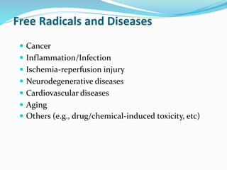 Free Radicals and Diseases
 Cancer
 Inflammation/Infection
 Ischemia-reperfusion injury
 Neurodegenerative diseases
 Cardiovascular diseases
 Aging
 Others (e.g., drug/chemical-induced toxicity, etc)
 