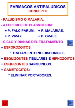 FARMACOS ANTIPALUDICOS
CONCEPTO
- PALUDISMO O MALARIA.
- 4 ESPECIES DE PLASMODIUM:
+ P. FALCIPARUM. + P. MALARIAE.
+ P. VIVAX. + P. OVALE.
- CICLO Y DIANAS DEL TRATAMIENTO
+ ESPOROZOITOS:
* TRATAMIENTO NO DISPONIBLE.
+ ESQUIZONTES TISULARES E HIPNOZOITOS
+ ESQUIZONTES SANGUINEOS.
+ GAMETOCITOS:
* ELIMINAR PORTADORES.
 