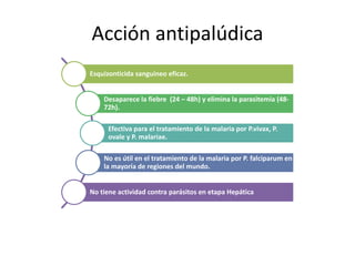 Acción antipalúdica
Esquizonticida sanguíneo eficaz.
Desaparece la fiebre (24 – 48h) y elimina la parasitemia (48-
72h).
Efectiva para el tratamiento de la malaria por P.vivax, P.
ovale y P. malariae.
No es útil en el tratamiento de la malaria por P. falciparum en
la mayoría de regiones del mundo.
No tiene actividad contra parásitos en etapa Hepática
 