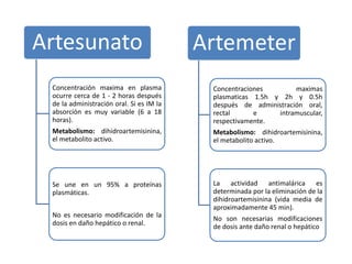 Artesunato
Concentración maxima en plasma
ocurre cerca de 1 - 2 horas después
de la administración oral. Si es IM la
absorción es muy variable (6 a 18
horas).
Metabolismo: dihidroartemisinina,
el metabolito activo.
Se une en un 95% a proteínas
plasmáticas.
No es necesario modificación de la
dosis en daño hepático o renal.
Artemeter
Concentraciones maximas
plasmaticas 1.5h y 2h y 0.5h
después de administración oral,
rectal e intramuscular,
respectivamente.
Metabolismo: dihidroartemisinina,
el metabolito activo.
La actividad antimalárica es
determinada por la eliminación de la
dihidroartemisinina (vida media de
aproximadamente 45 min).
No son necesarias modificaciones
de dosis ante daño renal o hepático
 
