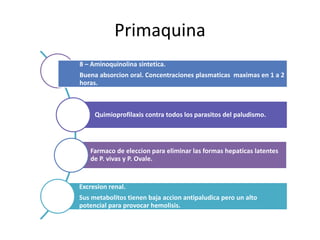 Primaquina
Farmaco de eleccion para eliminar las formas hepaticas latentes
de P. vivas y P. Ovale.
Quimioprofilaxis contra todos los parasitos del paludismo.
8 – Aminoquinolina sintetica.
Buena absorcion oral. Concentraciones plasmaticas maximas en 1 a 2
horas.
Excresion renal.
Sus metabolitos tienen baja accion antipaludica pero un alto
potencial para provocar hemolisis.
 