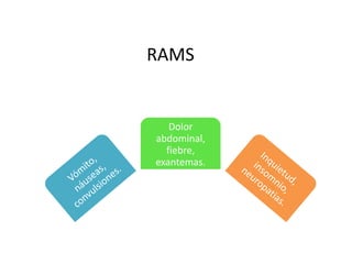 Dolor
abdominal,
fiebre,
exantemas.
RAMS
 